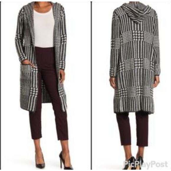 NEW Joseph A Houndstooth Long Hooded Cardigan Sweater in Canterbury Plaid Medium - Picture 1 of 11